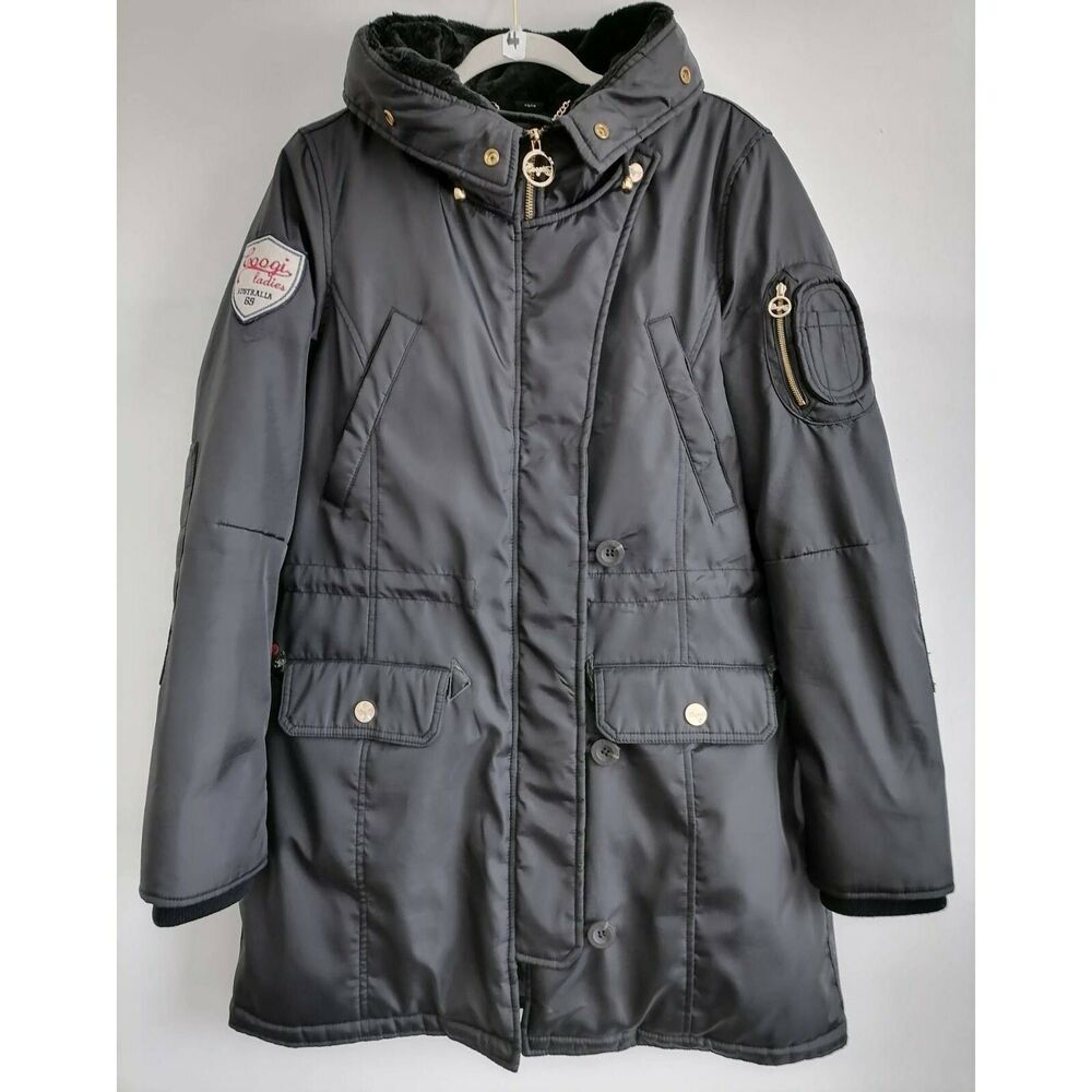 Coogi Womens Parka Jacket Coat Black Faux Fur Lined Zip Up Pockets Size L